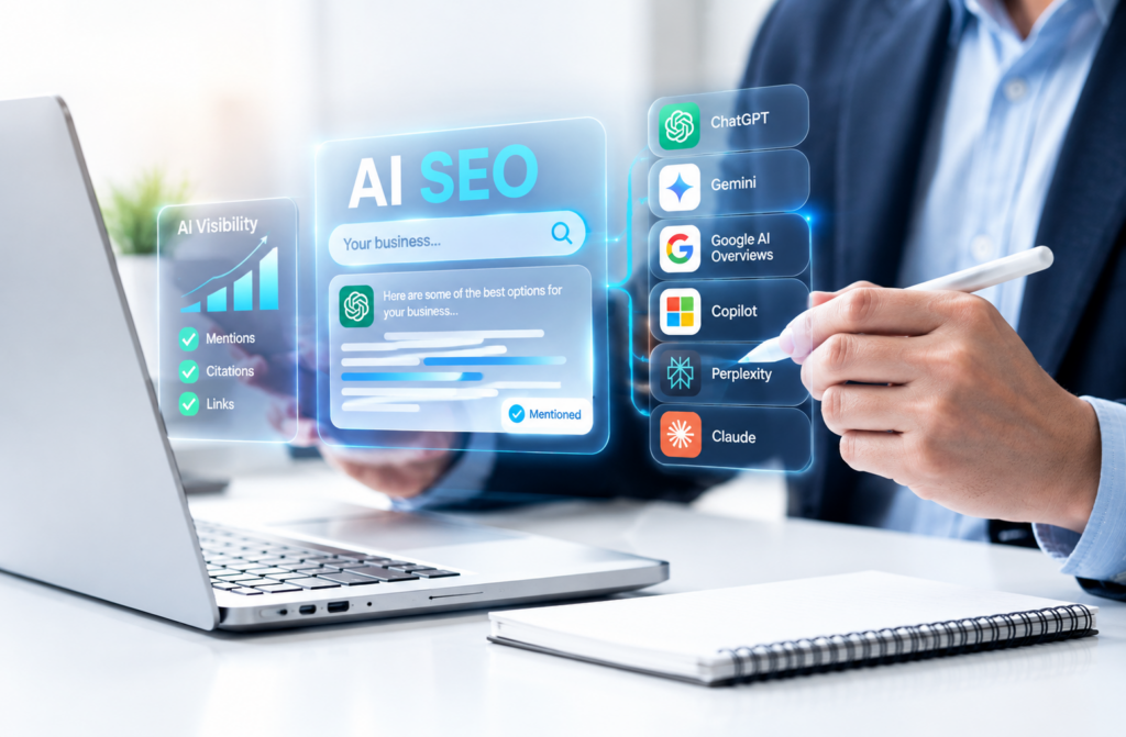 AI SEO dashboard showing brand visibility in ChatGPT, Gemini, Google AI Overviews, Copilot, Perplexity and Claude